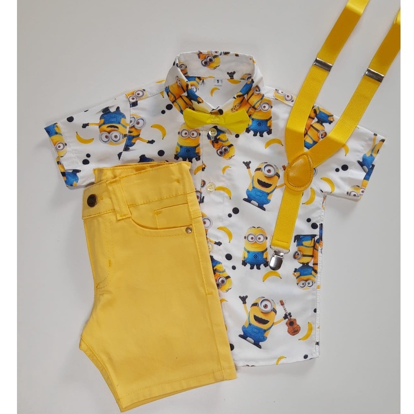 Conjunto Temático MINIONS Infantil - Contendo Camisa, Bermuda, Suspensório+Gravata - Aniversário,Festa,Evento