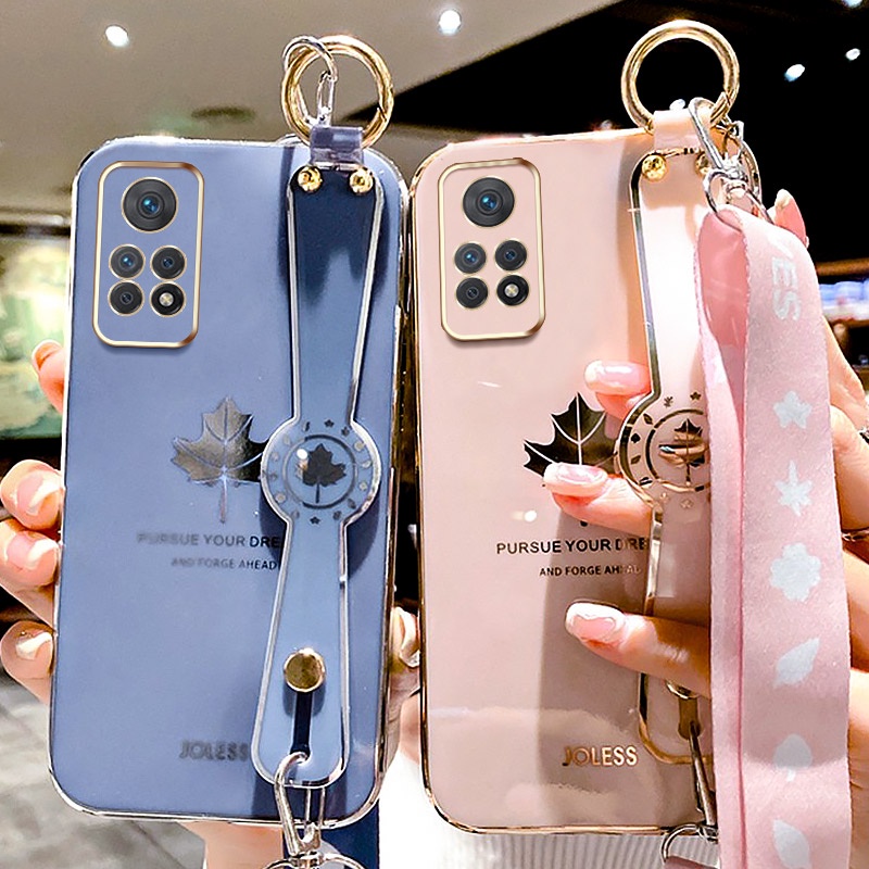 Capa de telefone de luxo Xiaomi Redmi Note 11 Pro 4G 5G Note 11 11S 4G Maple Leaf Estilo com alça de pulso Cordão em Oferta na Shopee