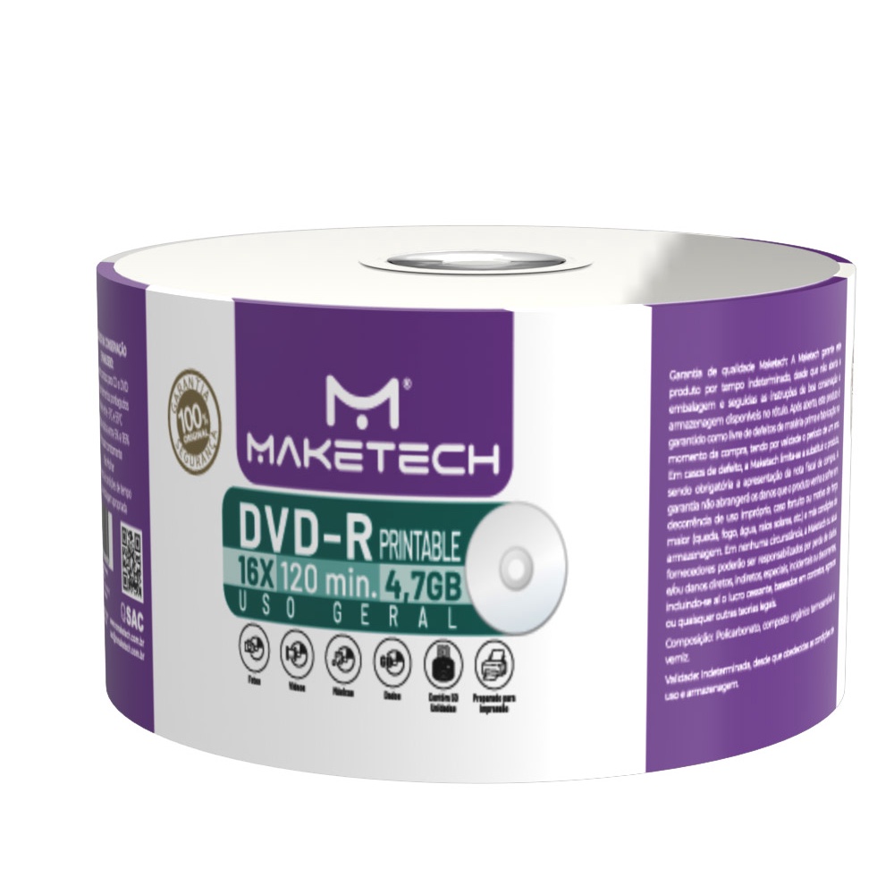 Dvd-r Printable Maketech Com 50 Unidades 16x 4.7gb 120 Min | Shopee Brasil