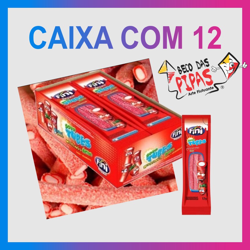 ( NO BRASIL ) 12 Bala de Gelatina Fini® Regaliz Tubes Morango Ácido 17g - Original Mais Vendidas