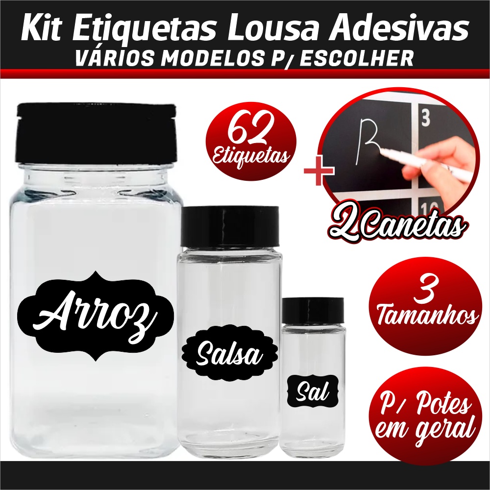 Kit 62 etiquetas lousa adesivas para potes, vidros, temperos + 2 canetas giz liquida branca