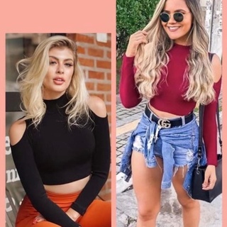 Blusa Feminina Gola Alta Cropped Manga Longa Malha Canelada Elegante Moderna (ELIZA)