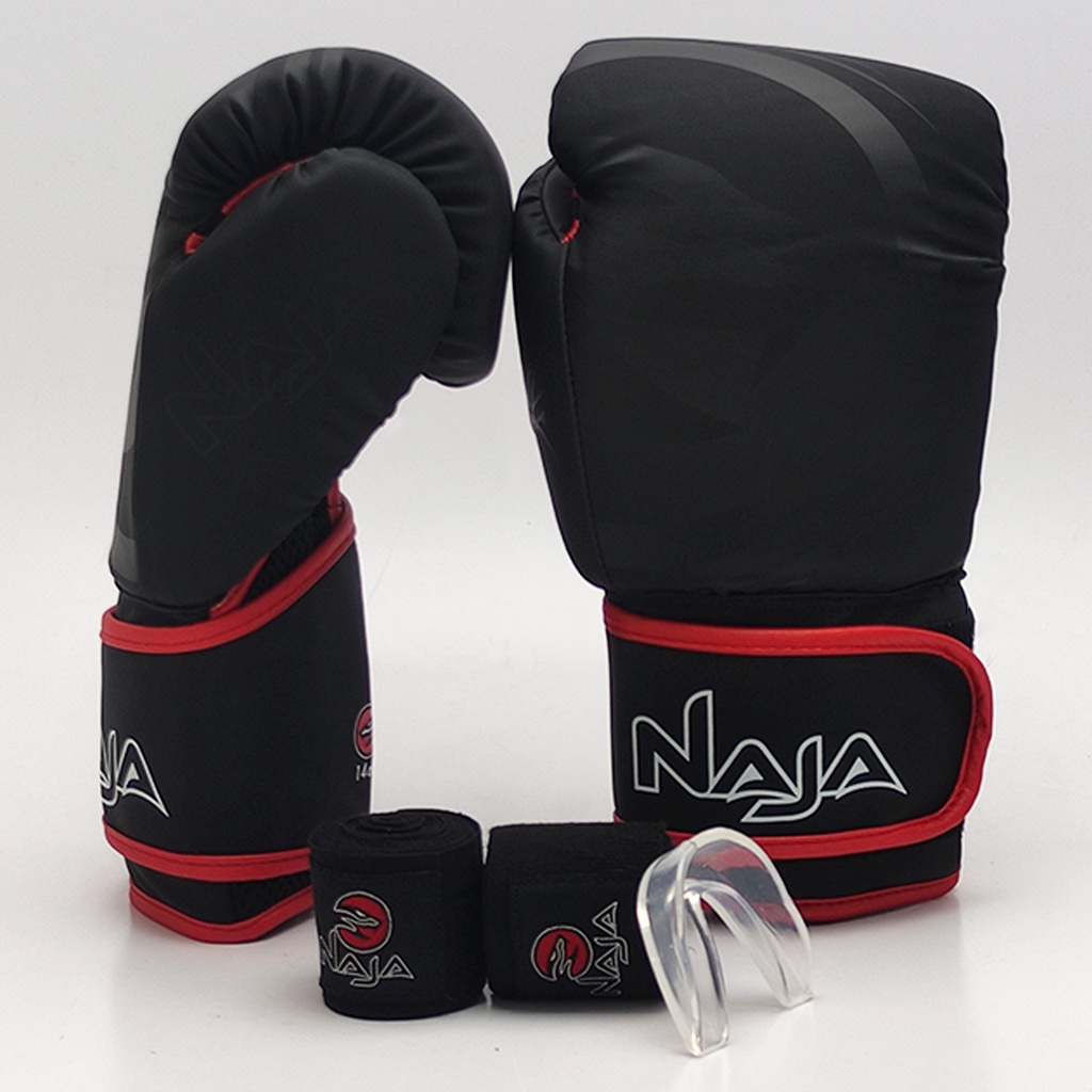 Kit Boxe Muay Thai Luva Naja Black + Bandagem + Protetor Bucal + Bolsa P/ Treinos e Lutas