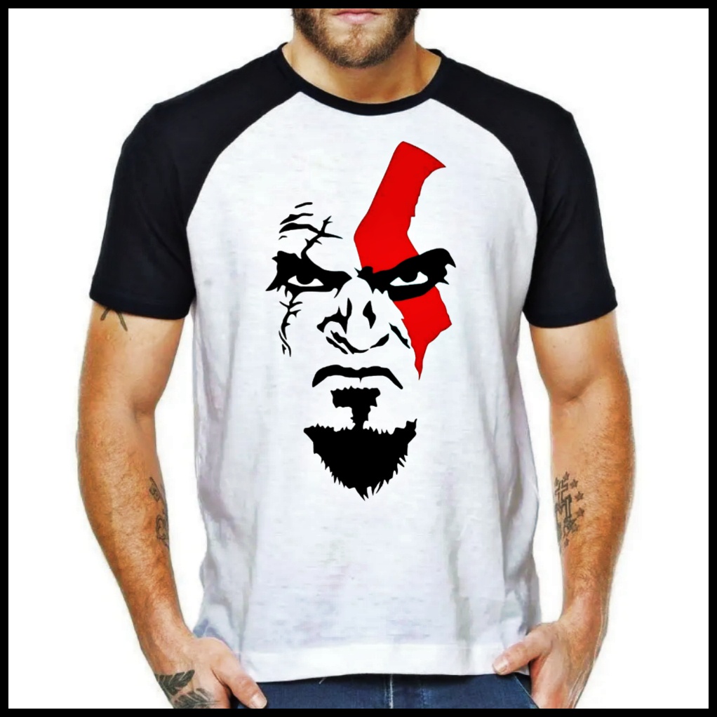 Camiseta God of War Kratos Blusa Raglan Branca com Preto Manga Curta