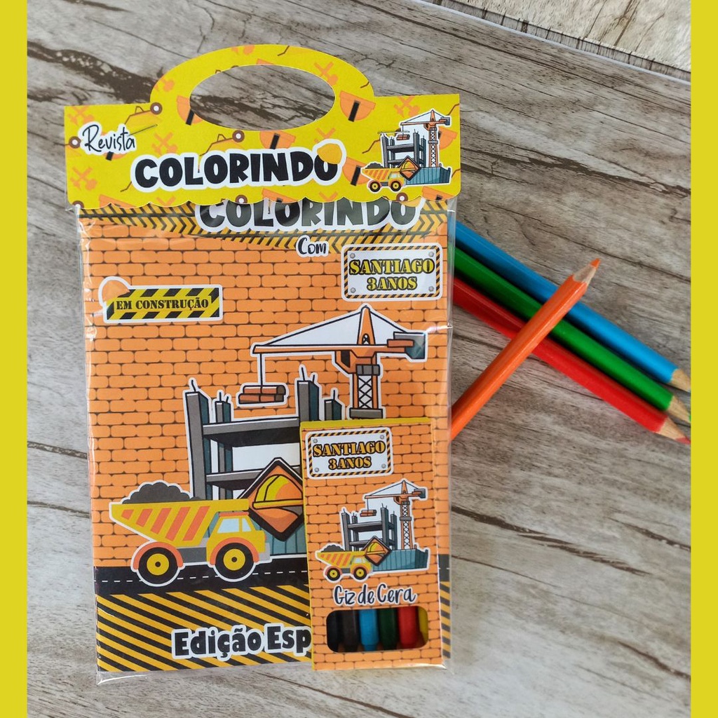 10 Kits de Colorir Personalizado - Lembrancinha para Festa - 10 Livros de Colorir e 10 Giz de Cera - Construção