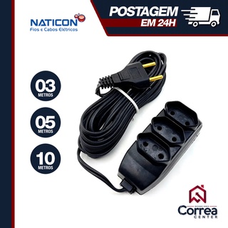 Extensão Tomada com 03mt | 05mt | 10mt Tripla Paralela *ESCOLHA SEU TAMANHO* | Naticon