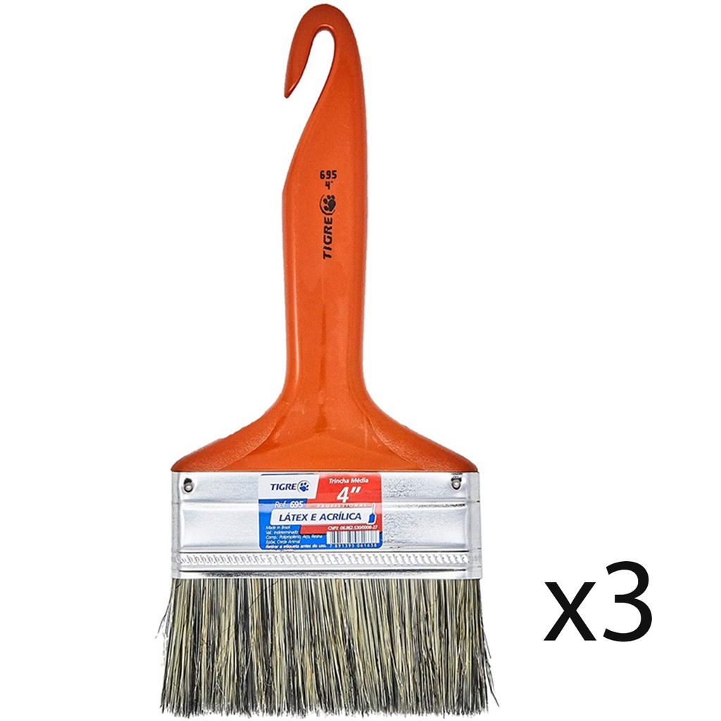 Kit 3 Trincha Para Pintura 695 4 Polegadas Latex Acrílica - Tigre