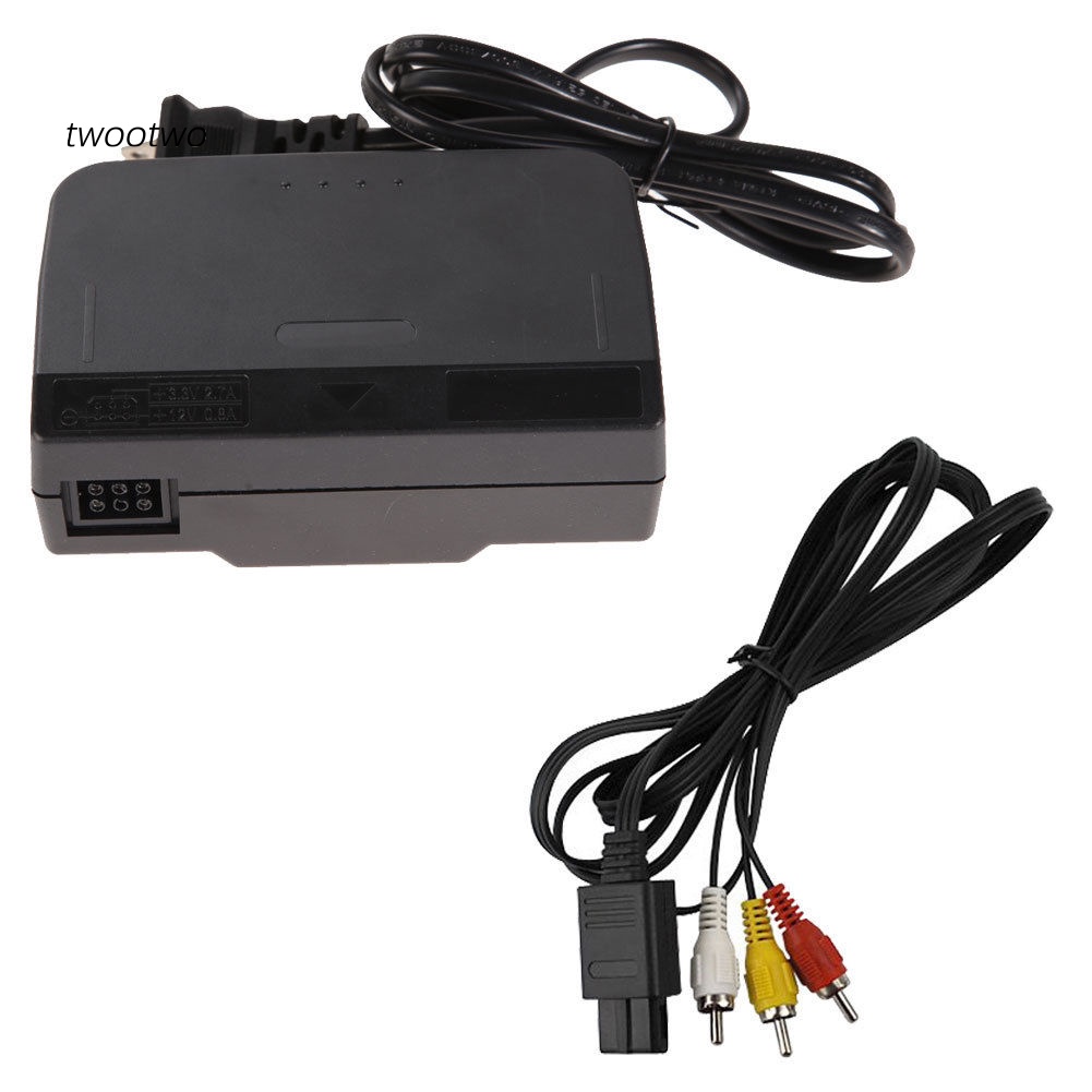 Twto_Portable AC Power Adapter Cord + Audio Video AV Cable for Nintendo 64 System
