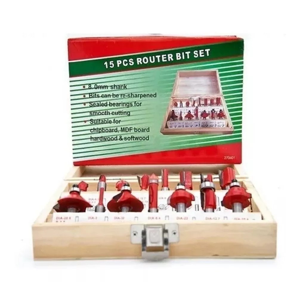 Conjunto 15 Fresas 6mm ou 8mm Para Tupia + Luxuoso Estojo Madeira