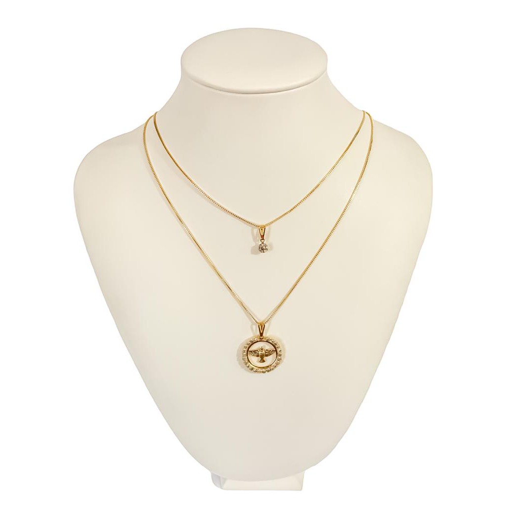 colar duplo feminino pingente ponto de luz e divino espirito santo cravejado banhado a ouro 18k em Oferta na Shopee
