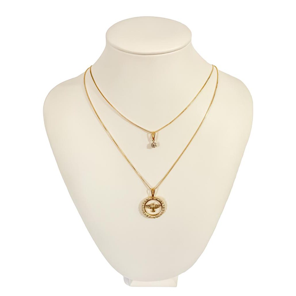 colar duplo feminino pingente ponto de luz e divino espirito santo cravejado banhado a ouro 18k