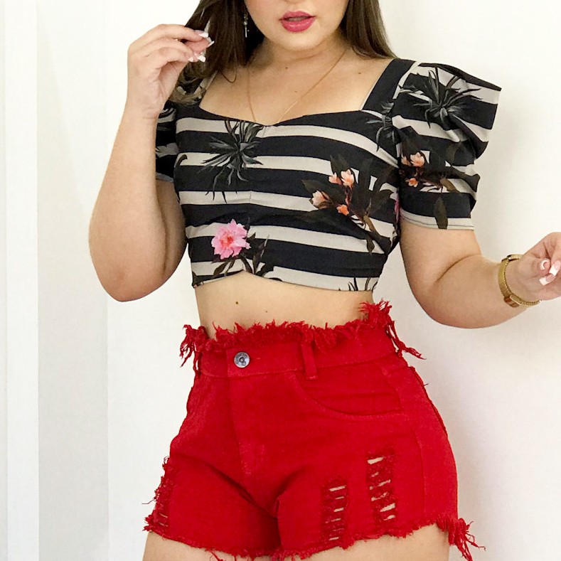 Short Jeans Vermelho Feminino Cintura Alta Destroyed