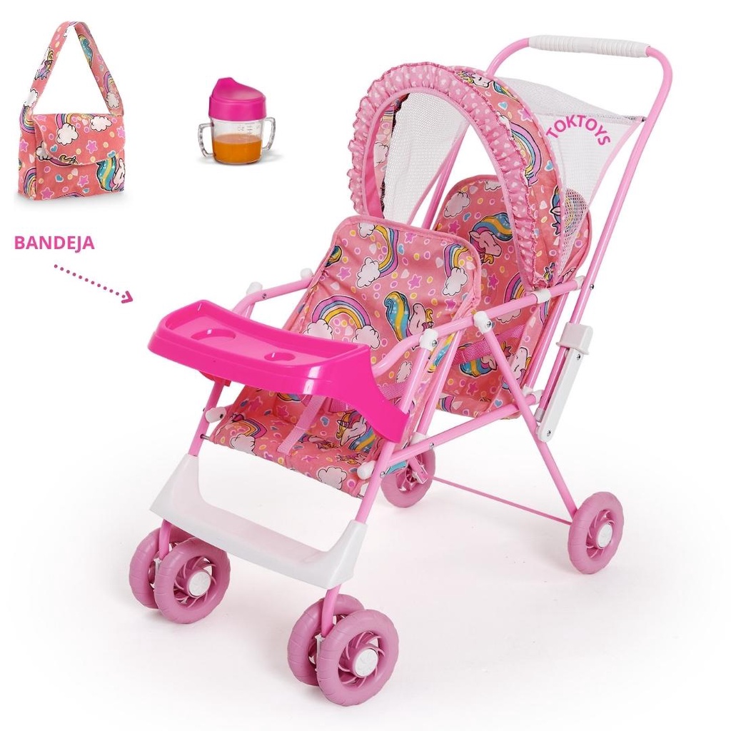 Carrinho de bonecas gemeos com bandeja removivel e bolsa