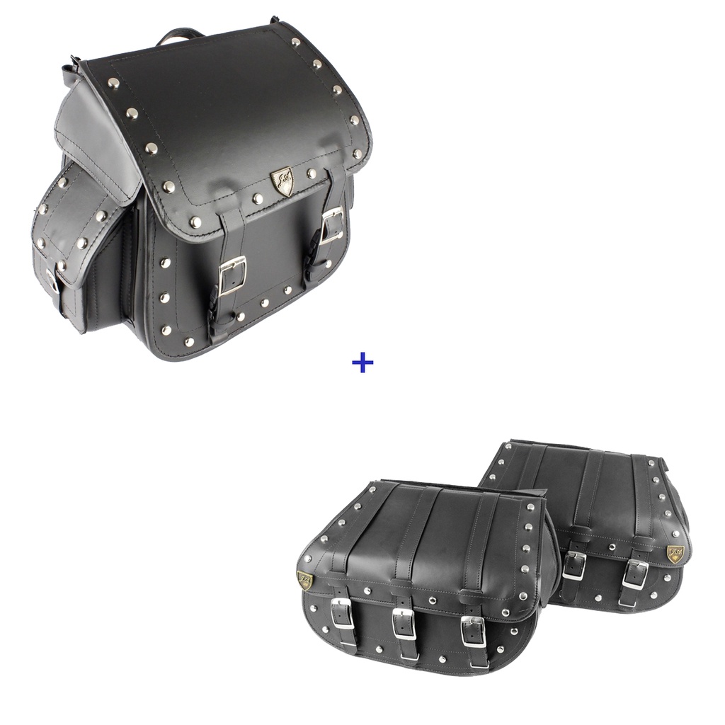 Kit Viagem Alforge Traseiro 50 Litros Couro Sintético C/ Cravos + Alforge Lateral 3F 25 Litros Couro Sintético C/ Cravos