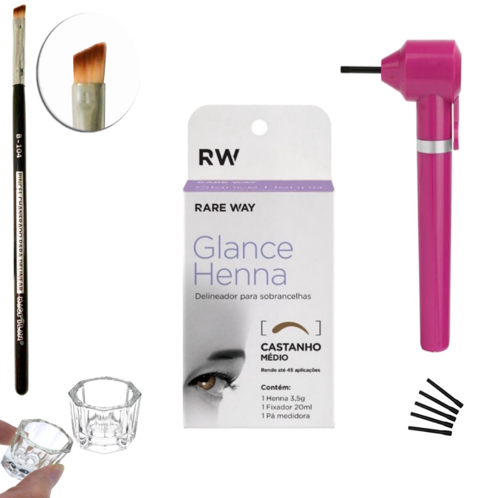 Kit rena de sobrancelha henna glance profissional Mini mixer pincel chanfrado e dappen Rare Way