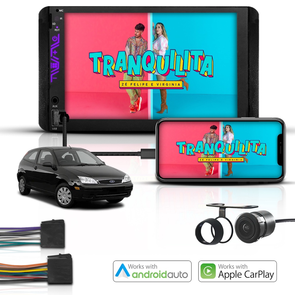 Kit Central Multimidia Universal 2 Din Mp5 Android Auto e Apple Carplay Ford Focus