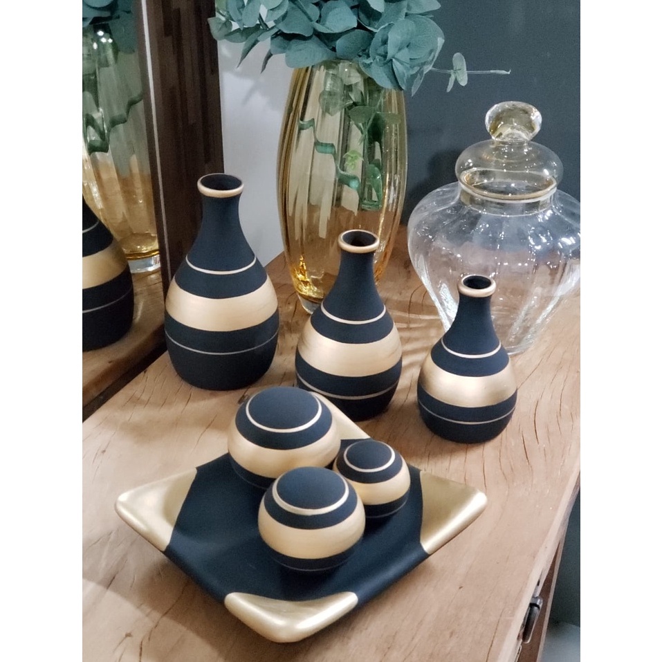 Conjunto 7 Peças Jogo cerâmica Kit Trio Vasos Ceramica Enfeite Decorativo Centro De Mesa Sala enfeite rack centro de mesa banheiro Garrafas Estilizadas Em Cerâmica Decoração para sala de estar jarro combina com suas plantas e flores