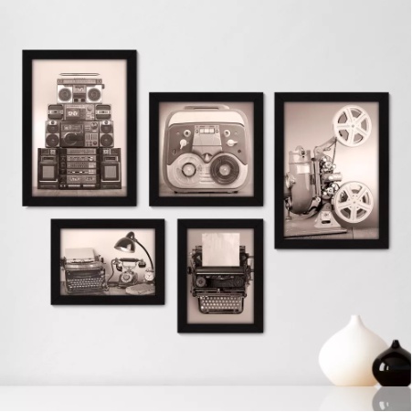 Quadros decorativos 5 peças mosaicos para sua sala ou quarto Máquina de Escrever - Rádio - Projetor - Vintage Star = 184