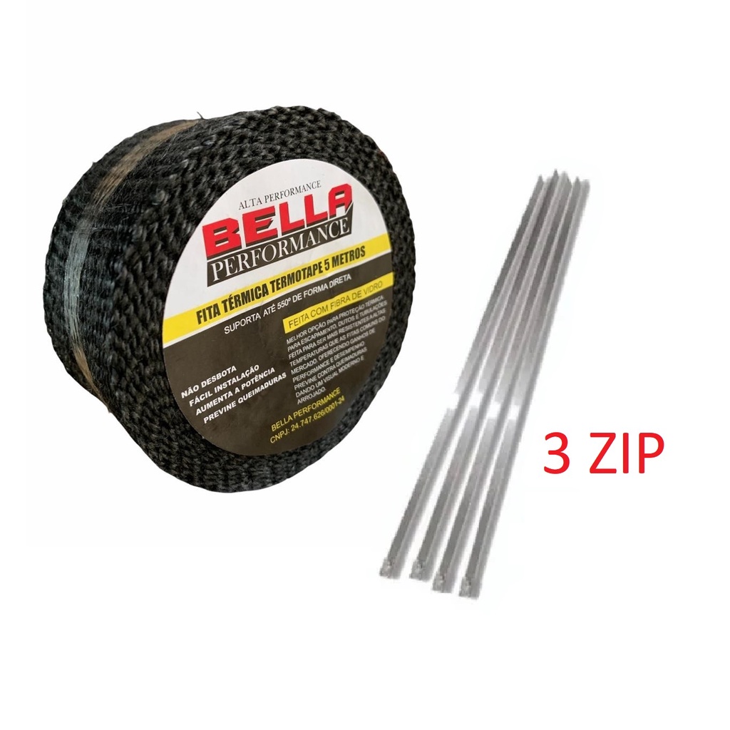 Fita Manta Termica Termotape para Escapamento Coletor Carro e Moto 5 Metros Preta + 3 Abraçadeiras