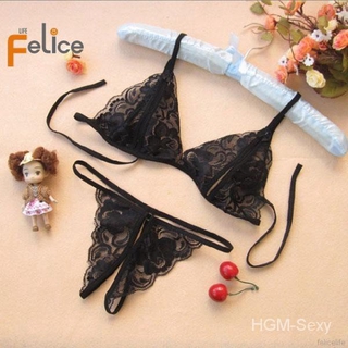 Conjunto De Lingerie De Renda Com Flor / Calcinha Fio Dental