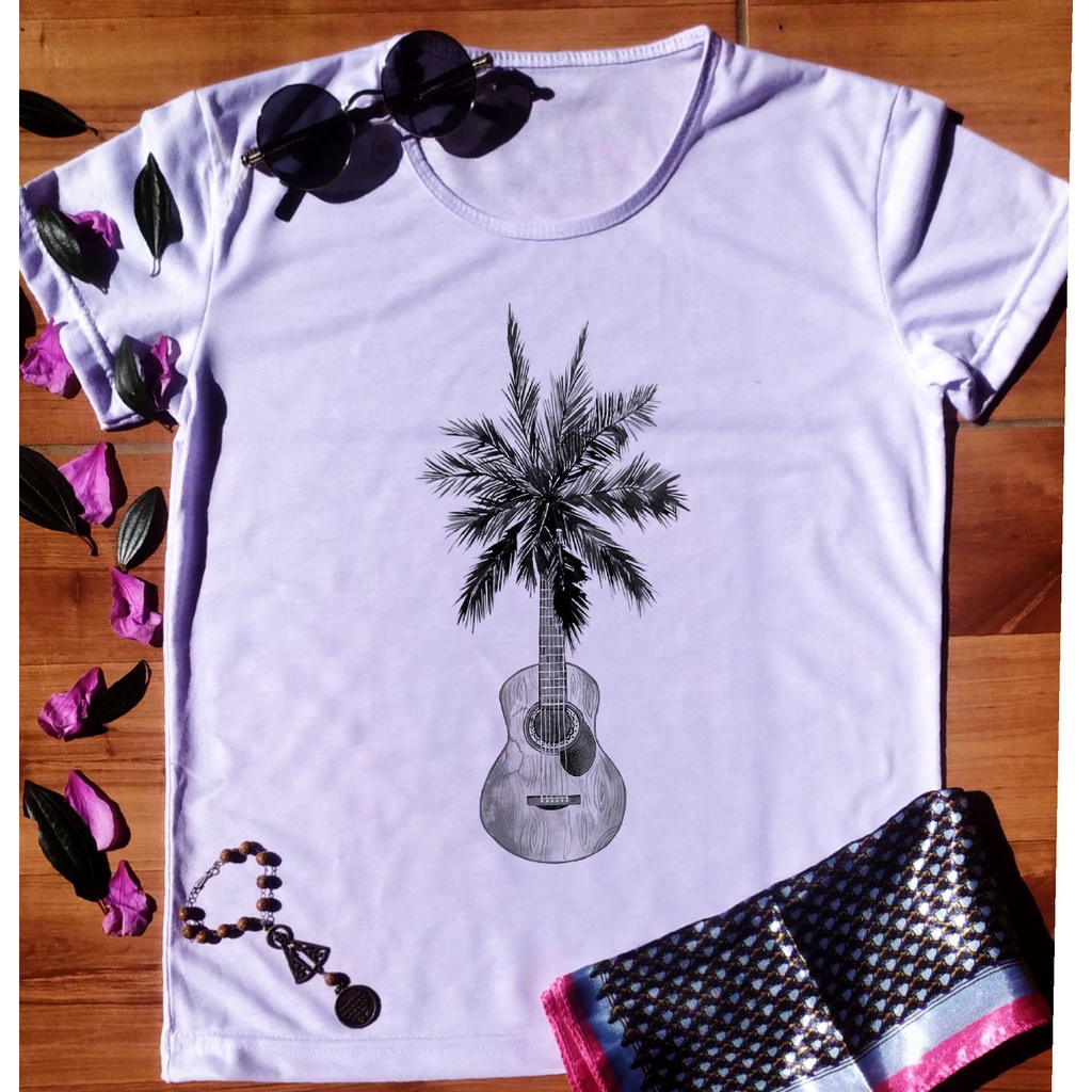 Camisa Baby look feminina Palmeira Violão coqueiro musical