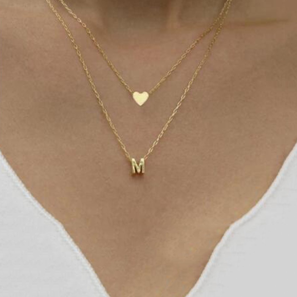 Dupla Camada Pequena Letra Inicial Pingente Colar Ouro Prata Banhado Coração Gargantilha Feminino Meninas Jóias Presente