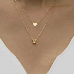 Dupla Camada Pequena Letra Inicial Pingente Colar Ouro Prata Banhado Coração Gargantilha Feminino Meninas Jóias Presente