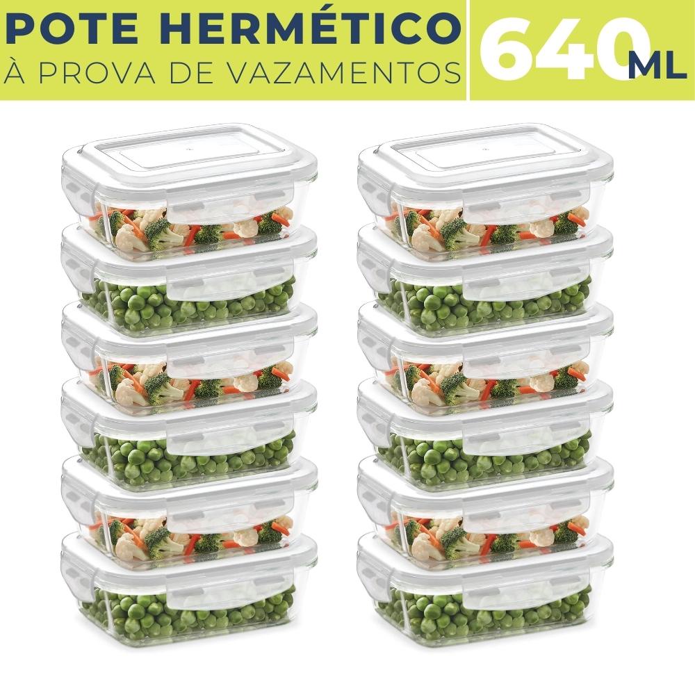 12 Potes de Vidro Hermético 640 ML Com Tampa Plástica e Vedação BPA FREE Marmita de Forno Freezer Armazenar