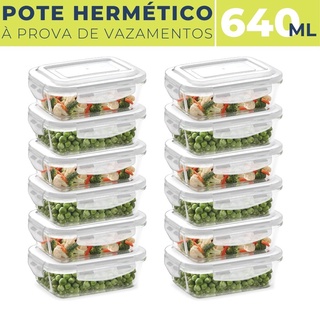 12 Potes de Vidro Hermético 640 ML Com Tampa Plástica e Vedação BPA FREE Marmita de Forno Freezer Armazenar