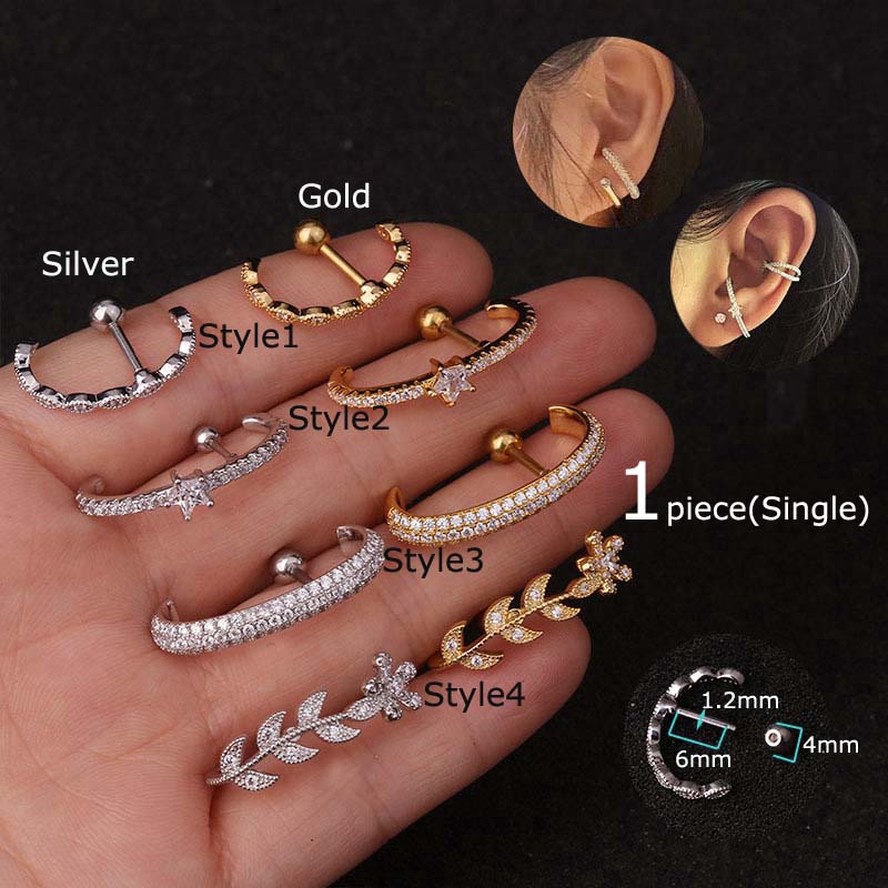 1 Peça De Aço Inoxidável Zircão Brincos Cartilagem Tragus Lobe Conch Piercing 16G em Oferta na Shopee