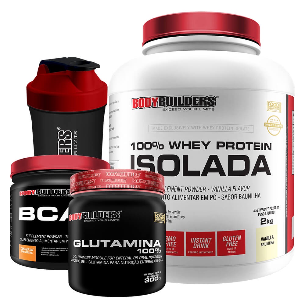 Kit Whey Isolada 2kg, Glutamina 300g, BCAA 250g, Coqueteleira - Bodybuilders