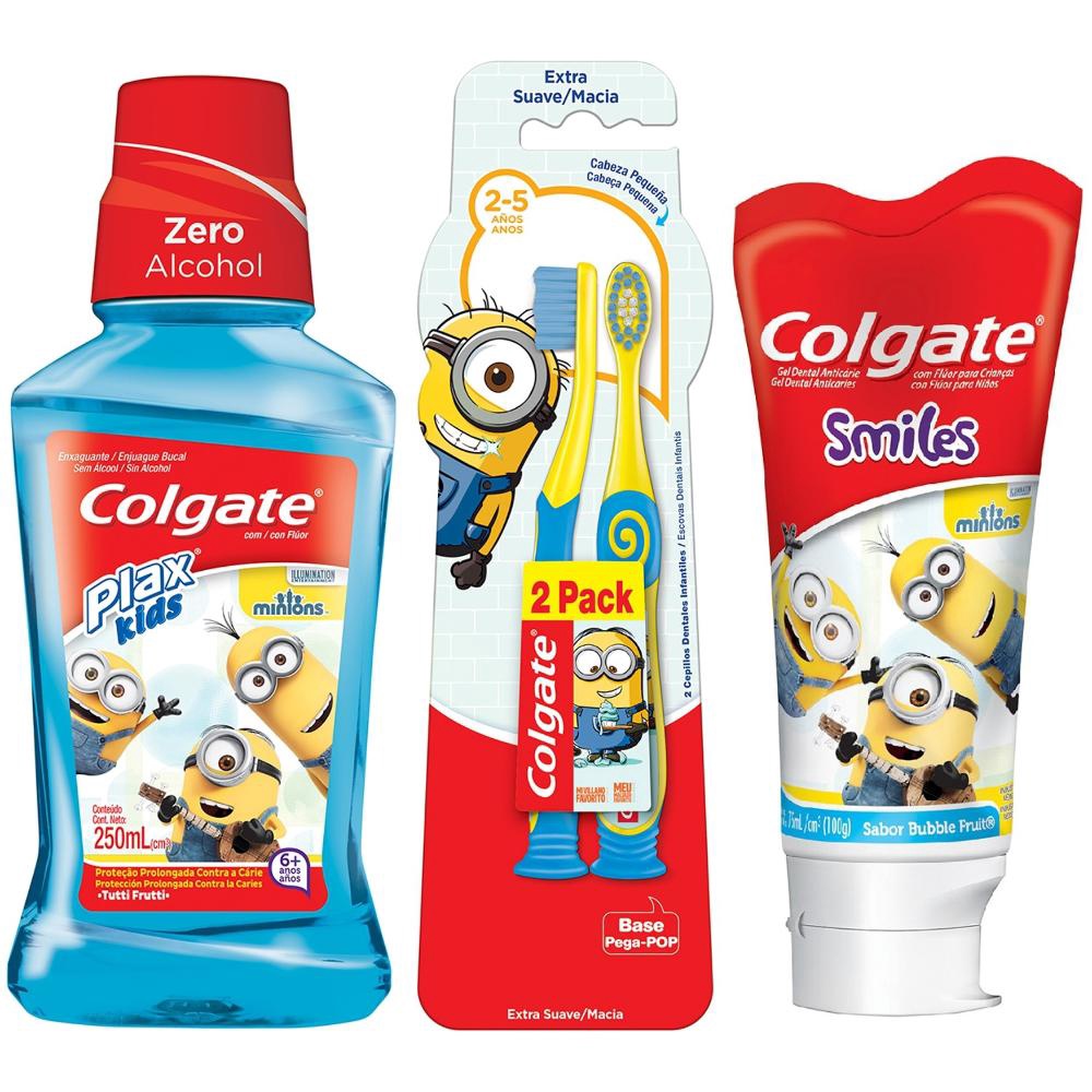 Kit Colgate Minions: Creme Dental 100g + Escova Dental 5 anos 2 Un + Enxaguante Bucal Kids 250ml