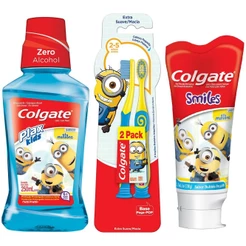 Kit Colgate Minions: Creme Dental 100g + Escova Dental 5 anos 2 Un + Enxaguante Bucal Kids 250ml