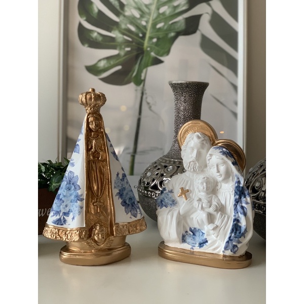 kit nossa senhora aparecida + sagrada família manto Flor azul corpo dourado