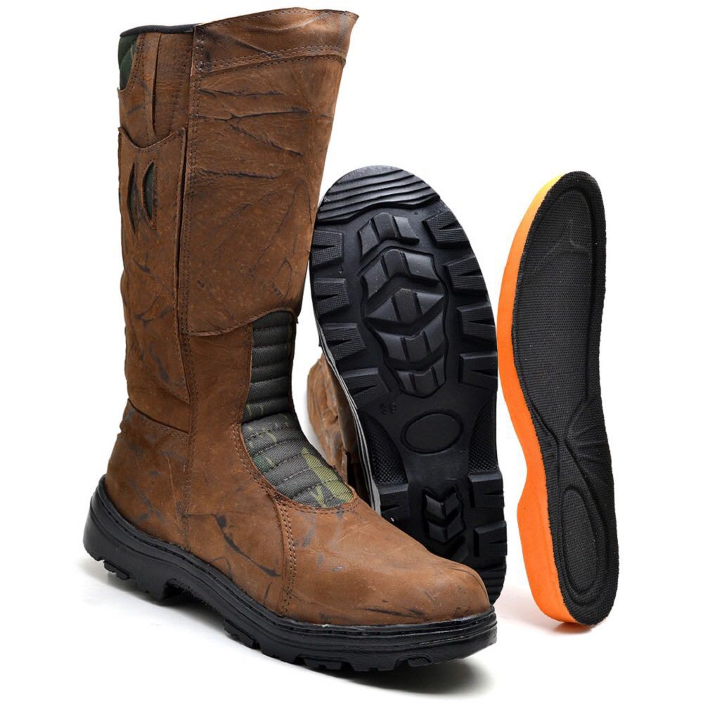 Bota Coturno Pantaneira Moto Unissex Marrom Camuflada Couro
