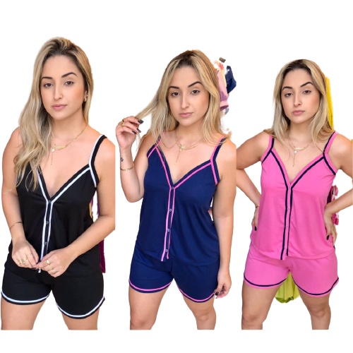 Kit 3 Pijamas Feminino Aberto Com Botões de Verão Conjunto baby doll amamentação gestação short doll cirurgico