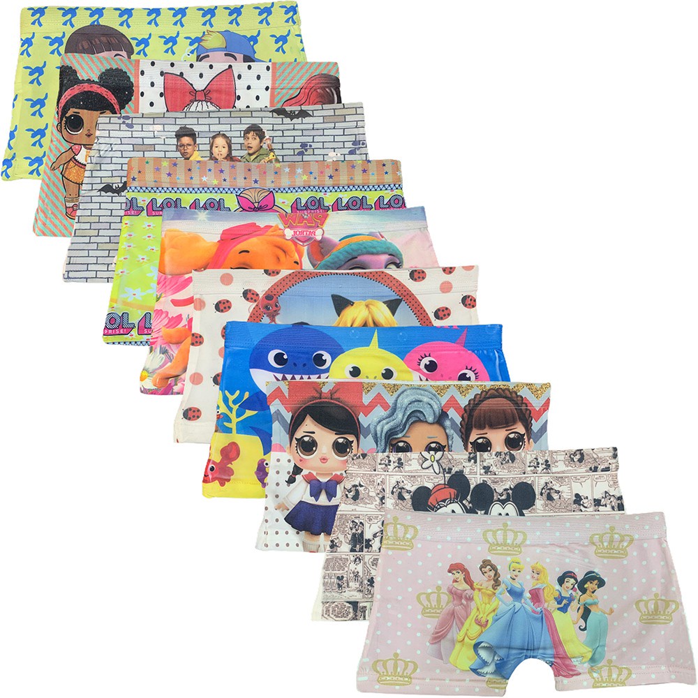 Kit 10 Calcinhas Box Boxer Em Microfibra Personagens Variados Infantil Atacado Promoção Revenda