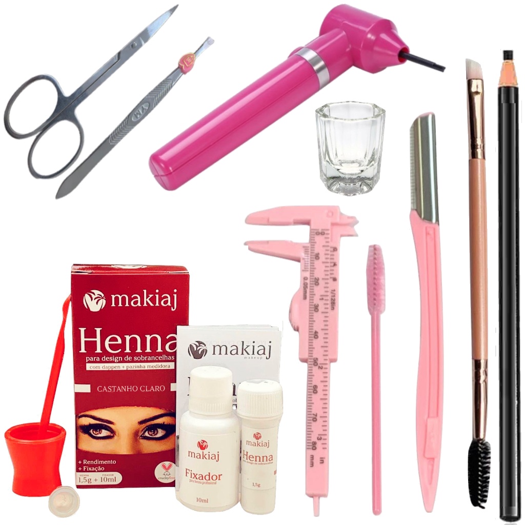 Kit Makiaj Rena Acessorios Completo Pinca Tesoura Mixer Lapis Pincel Duplo Dappen Fixador de Henna