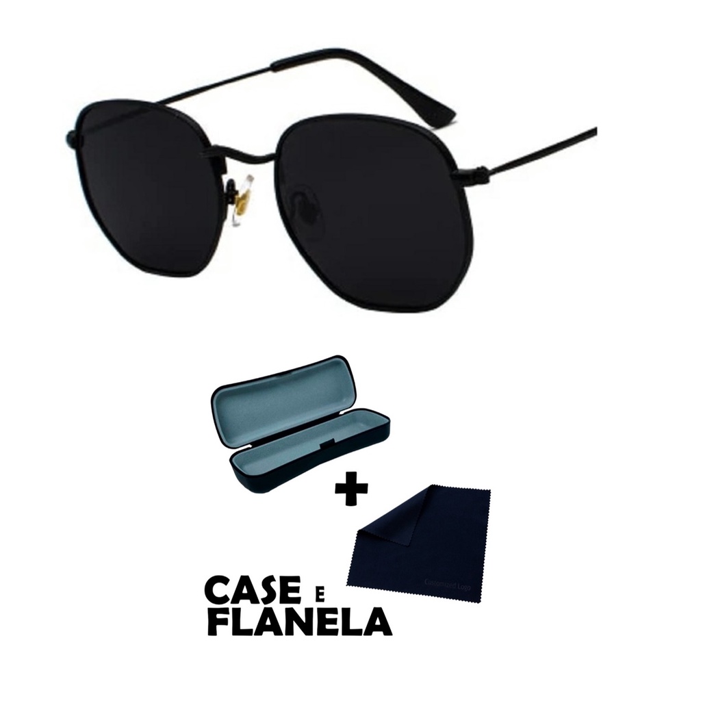 Kit 1 Óculos De Sol Hexagonal Preto Lente Preta + Kit Case Com Flanela