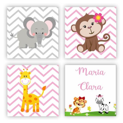 Kit 4 Quadros Decorativos Infantil Quarto Bebe Safari + Nome Personalize com o nome de Seu Bebê