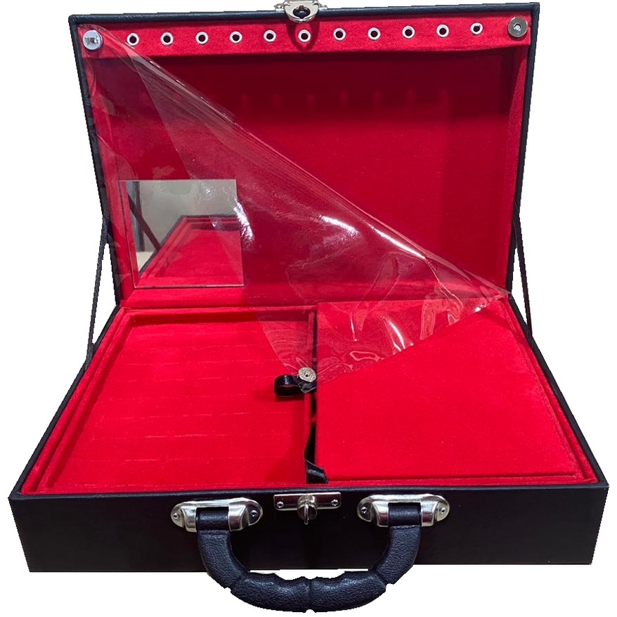Maleta Porta Jóias Grande Dupla Com Espelho - Preta vermelha em Oferta na Shopee