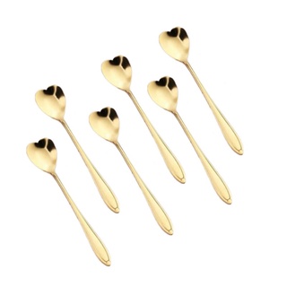 Jogo 6 Colheres Chá Café Sobremesa Design Coração Inox Dourado