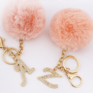 A-Z Iniciais Rhinestone Liga Chaveiro Charmosa Com Pompom Rosa Porta-Chaves Carro Mulher Bolsa Ornamentos Jóias Trinket Gift