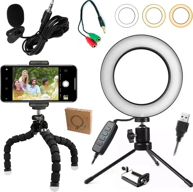 Kit Youtuber Microfone Lapela Celular + Tripé Flexível Iluminador Luz Led Ring Light Anel Flash Universal Iphone Android