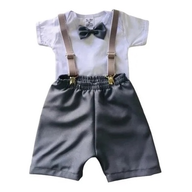 Conjunto Roupa Social Para Bebê Menino Festa Casamento Batizado Aniversário C/ Body + Shorts e Suspensório