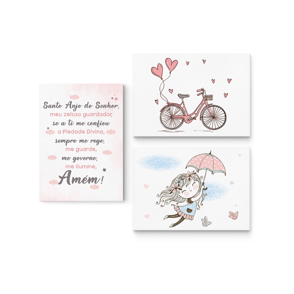 Quadro Decorativo Quarto de Menina Infantil Bebê Oração Santo Anjo Menina Guarda Chuva e Bicicleta