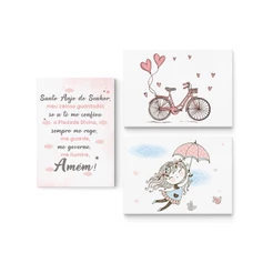Quadro Decorativo Quarto de Menina Infantil Bebê Oração Santo Anjo Menina Guarda Chuva e Bicicleta