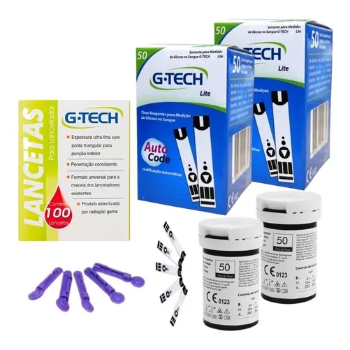 100 Fitas Tiras Reagentes G-tech Lite Glicemia + 100 Lanceta