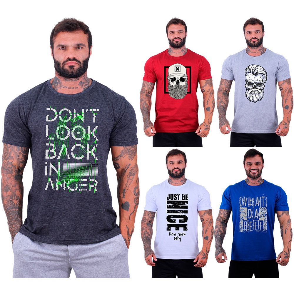 Kit 5 Camisetas Tradicionais Masculina MXD Conceito Malha 30.1 Penteada Manga Curta Letreiro Caveira