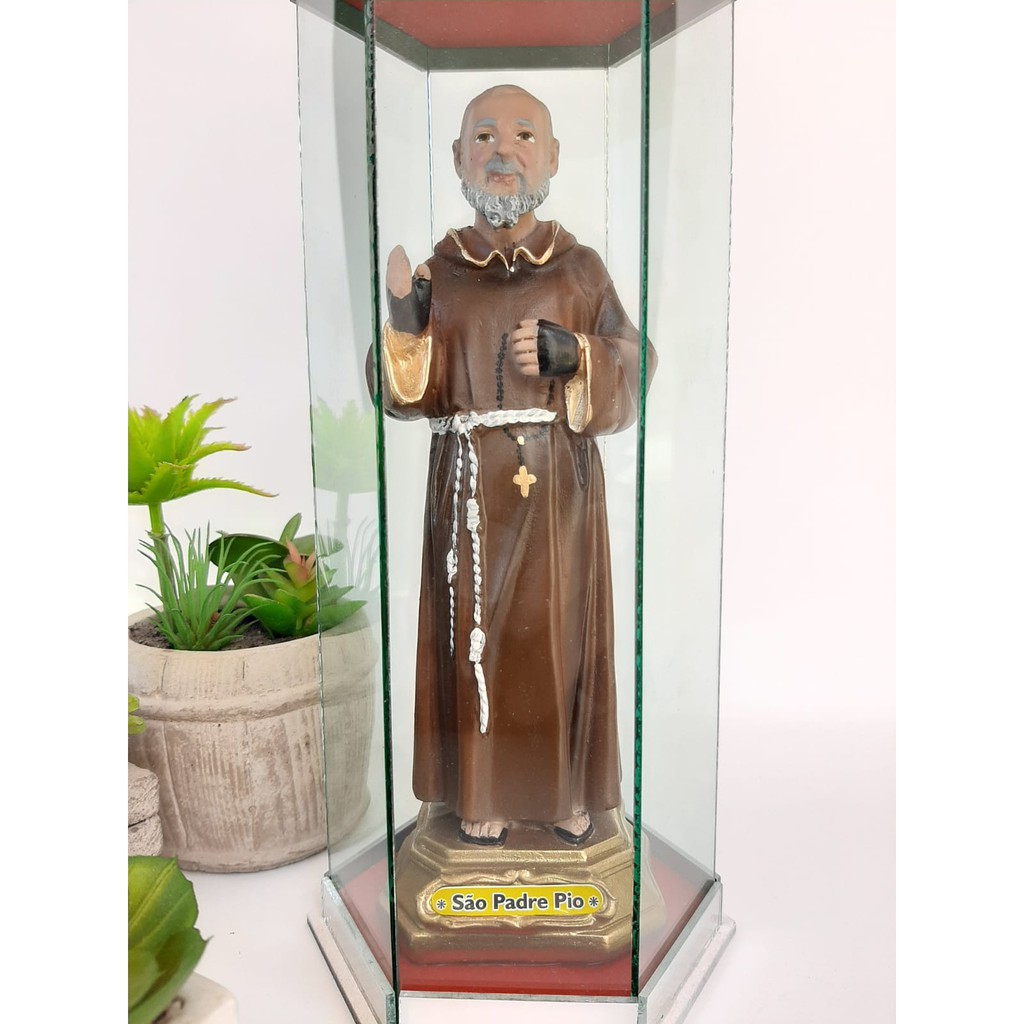 Oratório Redoma Capela de Vidro 24,5cm + Imagem de São Padre Pio 20cm com Espelho